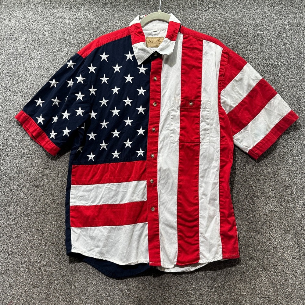 Scully Mens American Flag Button Up Shirt Large Red White Blue Stars Stripes L